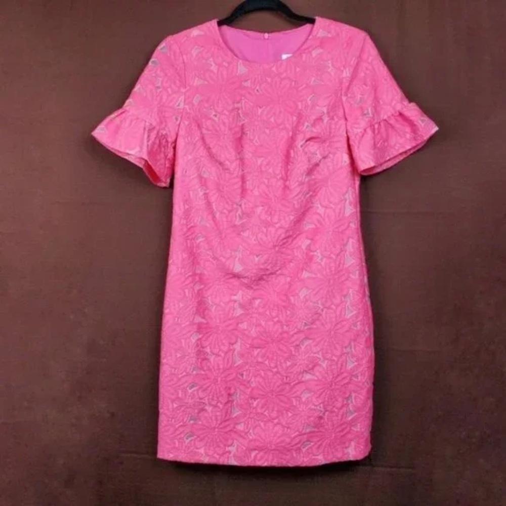 NWOT Trina Turk Short Ruffled Sleeve Pink Floral Embroidered Shift Dress Size 8 - Picture 2 of 4